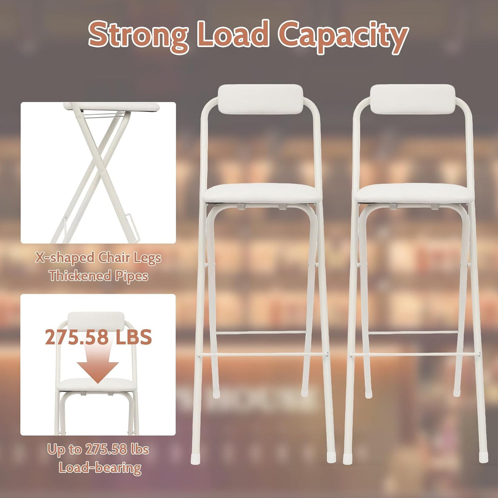 2PCS Folding Bar Stool with Backrest, 29.53in Tall Folding Chair Counter Height Foldable Chairs Tall Bar Collapsible Stools for Kitchen, Shop, Cafe, Dining Room (White)