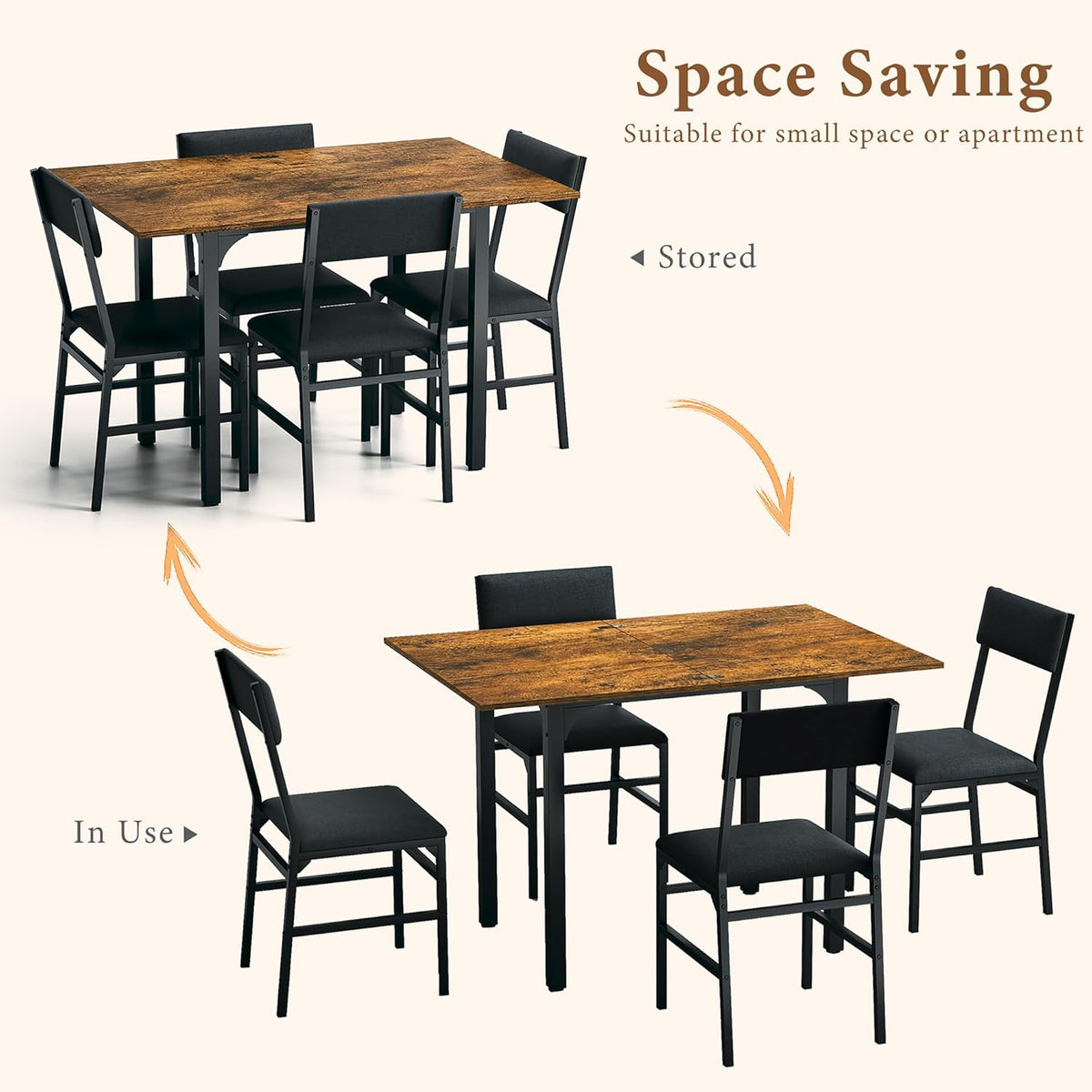 HUAHUU 5-Piece Dining Table Set for 4, Extendable Kitchen Table Set with 4 Upholstered Cushion Chairs, Rectangle Table with Metal Frame & MDF Board, Folding Space-Saving for Small Apartment, Rustic