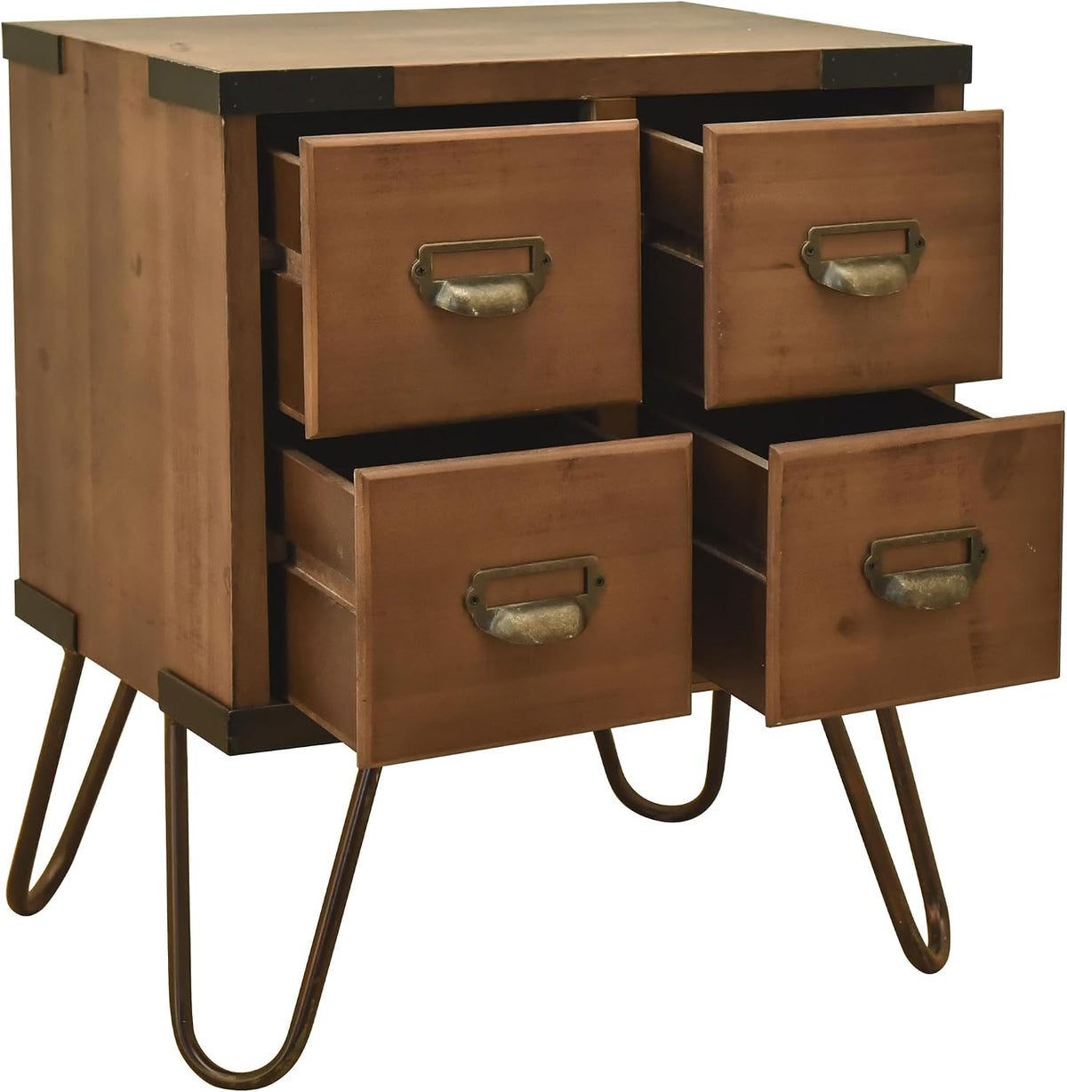 eHemco Antique Style 4-Drawer Storage End Table Side Table with Metal Hairpin Legs, Antique Walnut