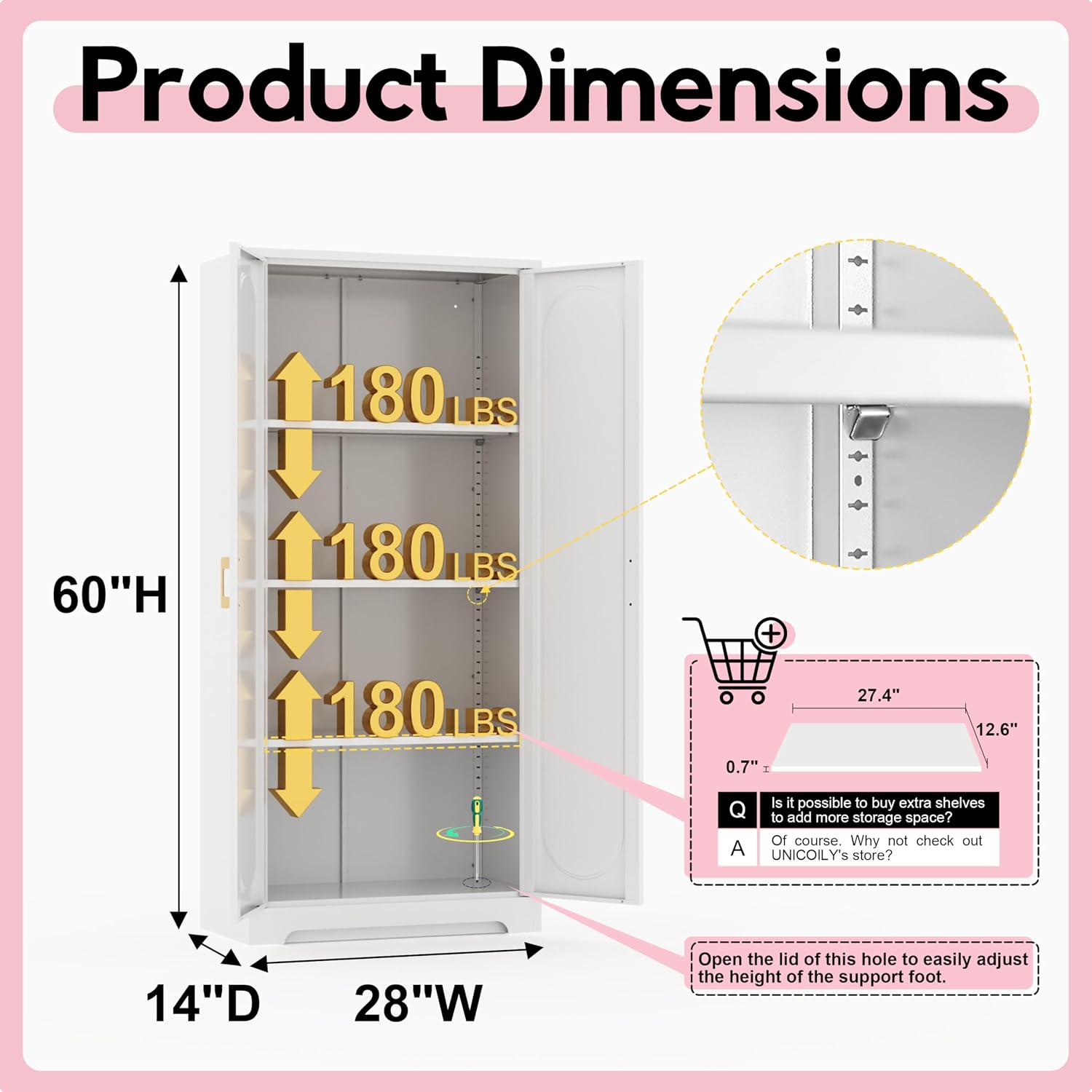 UNICOLY 60" Kitchen Pantry Cabinet, Metal Storage Cabinet with Doors and Adjustable Shelves, Tall Steel Cabinets for Kitchen, Living Room, Dining Room, Assembly Required, White