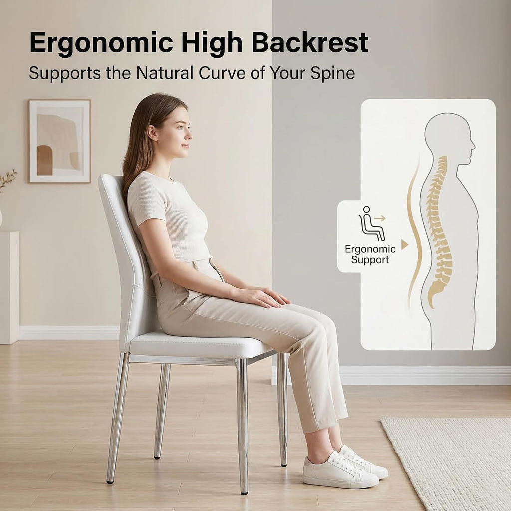 White Dining Chairs Set of 6, Modern PU Leather Kitchen Chairs with Soft Cushion and Silver Chrome Metal Legs, Waterproof and Easy to Clean, Armless Dining Chairs for Dining Room,Kitchen
