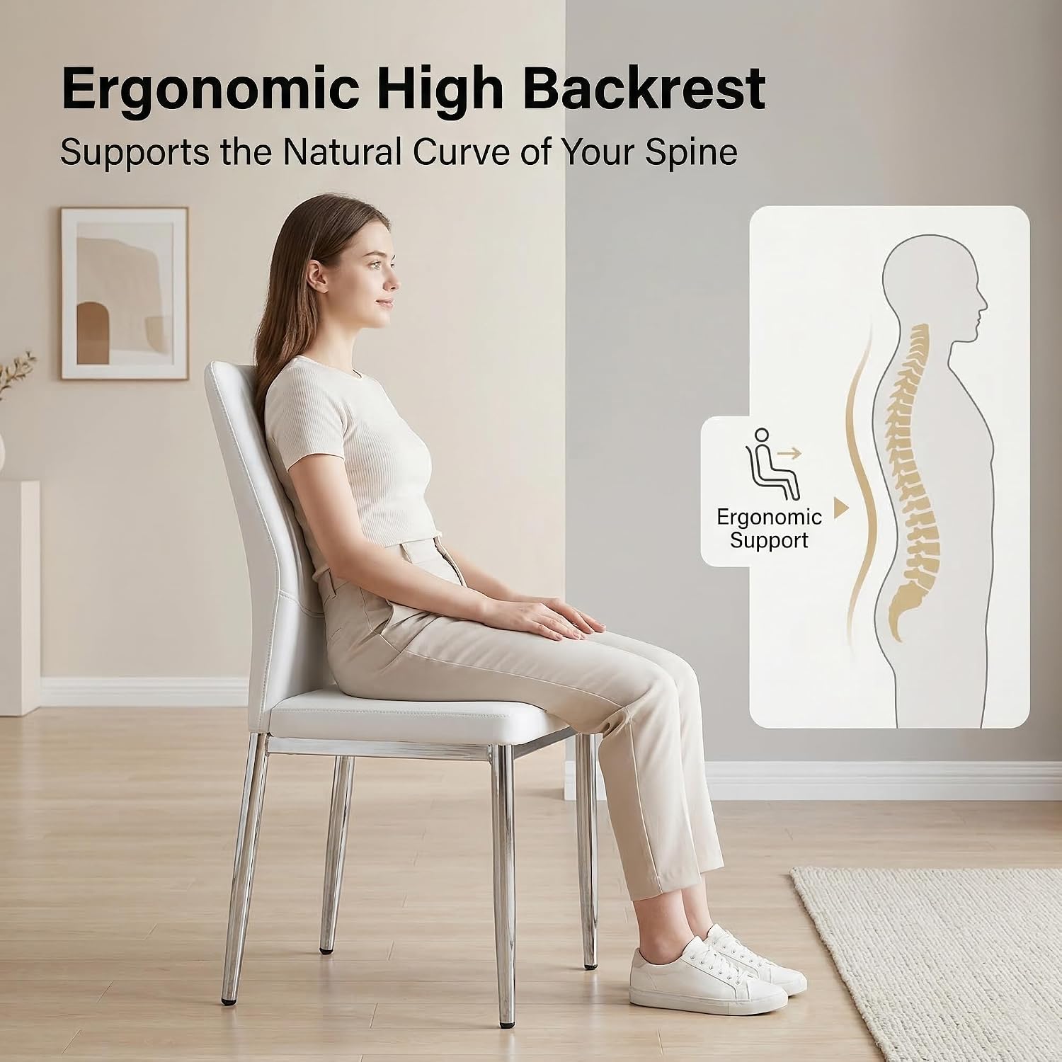 White Dining Chairs Set of 6, Modern PU Leather Kitchen Chairs with Soft Cushion and Silver Chrome Metal Legs, Waterproof and Easy to Clean, Armless Dining Chairs for Dining Room,Kitchen