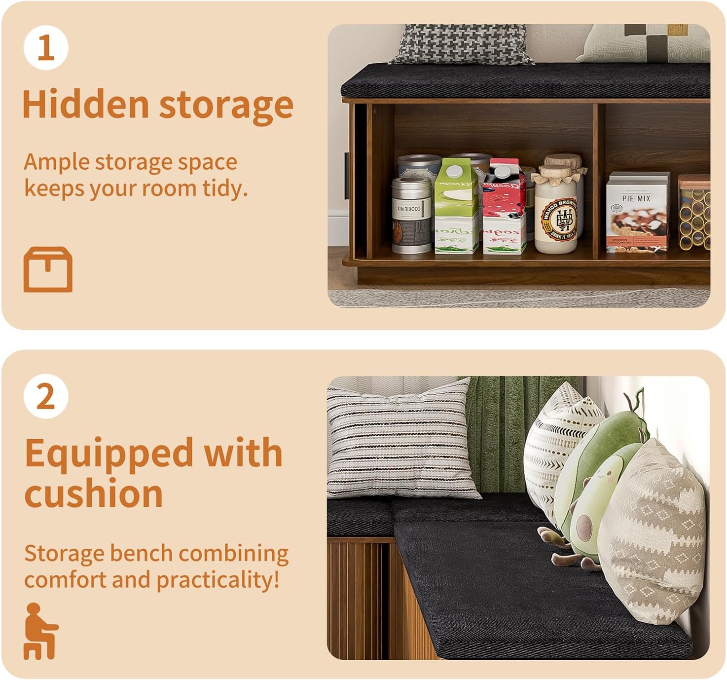 Corner Storage Bench with Hidden Storage, L-Shaped Shoe Bench with Cushion, Space Saving Storage Bench for Entryway, Kitchen, Cloakroom, Dining Room, Walnut