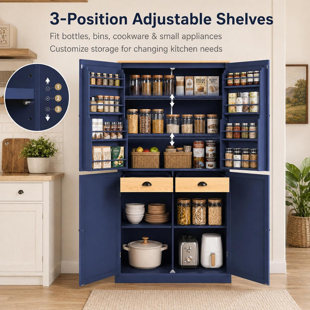 Kitchen Pantry Cabinet, 40.2" W x 20" D x 71.3" H Large Freestanding Pantry Storage Cabinet with 4 Doors, 2 Drawers, 8 Door Shelves, 2 Adjustable Shelves, Farmhouse Kitchen Cupboard (Blue)
