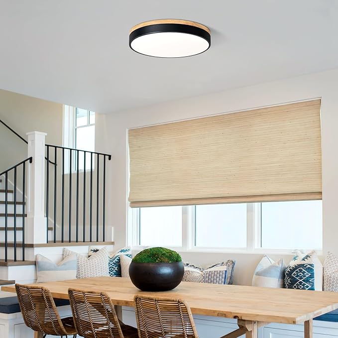 Dimmable Wood LED Ceiling Light, 5CCT 2700K-6000K Modern Black Flush Mount Ceiling Light, Minimalist Round Close to Ceiling Light Fixture for Living Room, Bedroom, Kitchen, 15.74in