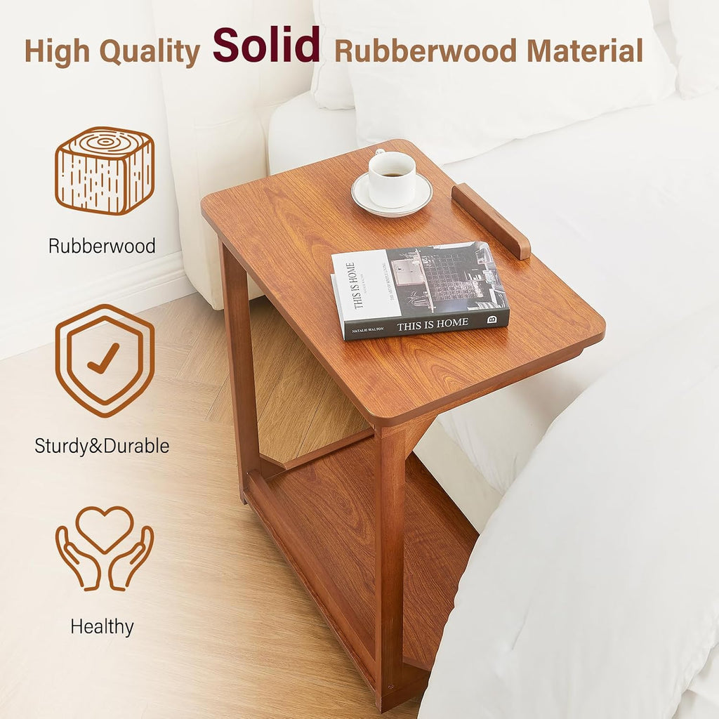CozyDH Bedroom Side Table - Wooden End Tables Bedroom, C Shaped End Table with Wheels, Small Rolling Table for Bedside, Skinny Tray Desk for Sofa/Couch/Living Room, Teak