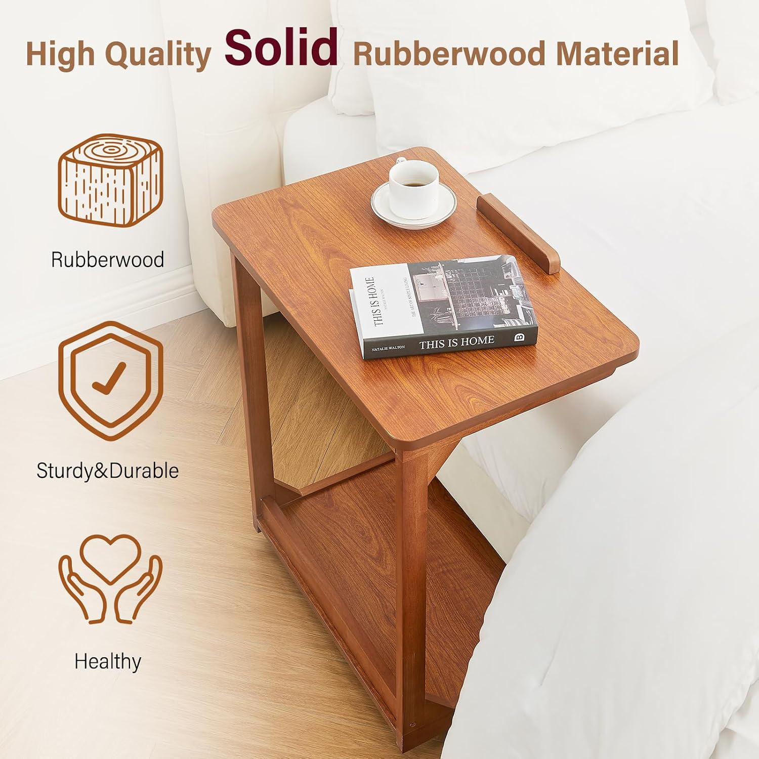 CozyDH Bedroom Side Table - Wooden End Tables Bedroom, C Shaped End Table with Wheels, Small Rolling Table for Bedside, Skinny Tray Desk for Sofa/Couch/Living Room, Teak