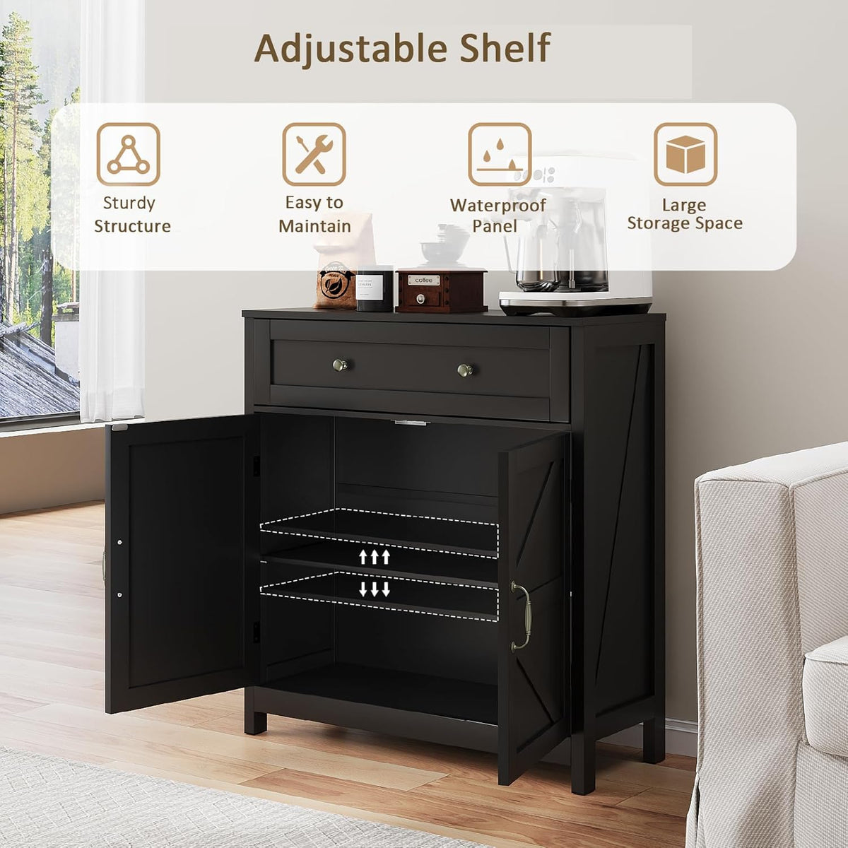 Semiocthome Farmhouse Sideboard Buffet Cabinet with Storage and Adjustable Shelf, Accent Table with Barn Door, Storage Cabinet for Kitchen, Dining Room, Bathroom, Entryway - Black
