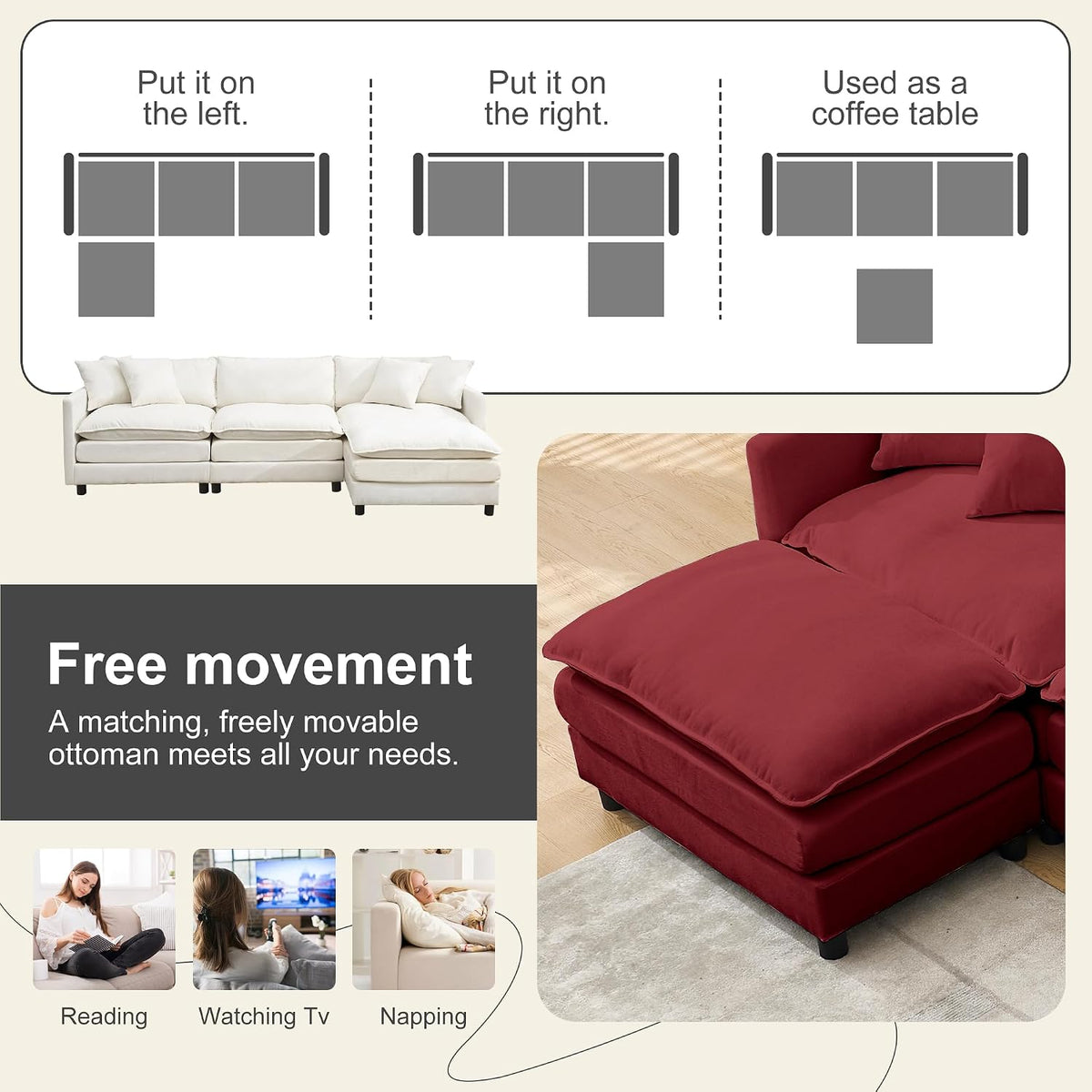 108.27" Modular Sectional Sofa, 4 Seat L Shaped Couch with Chaise | Deep Seat Cloud Couch With Soft Chenille Fabric, Reversible Chaise Modular Design Spacious Comfort for Home, Apartment, Dorm