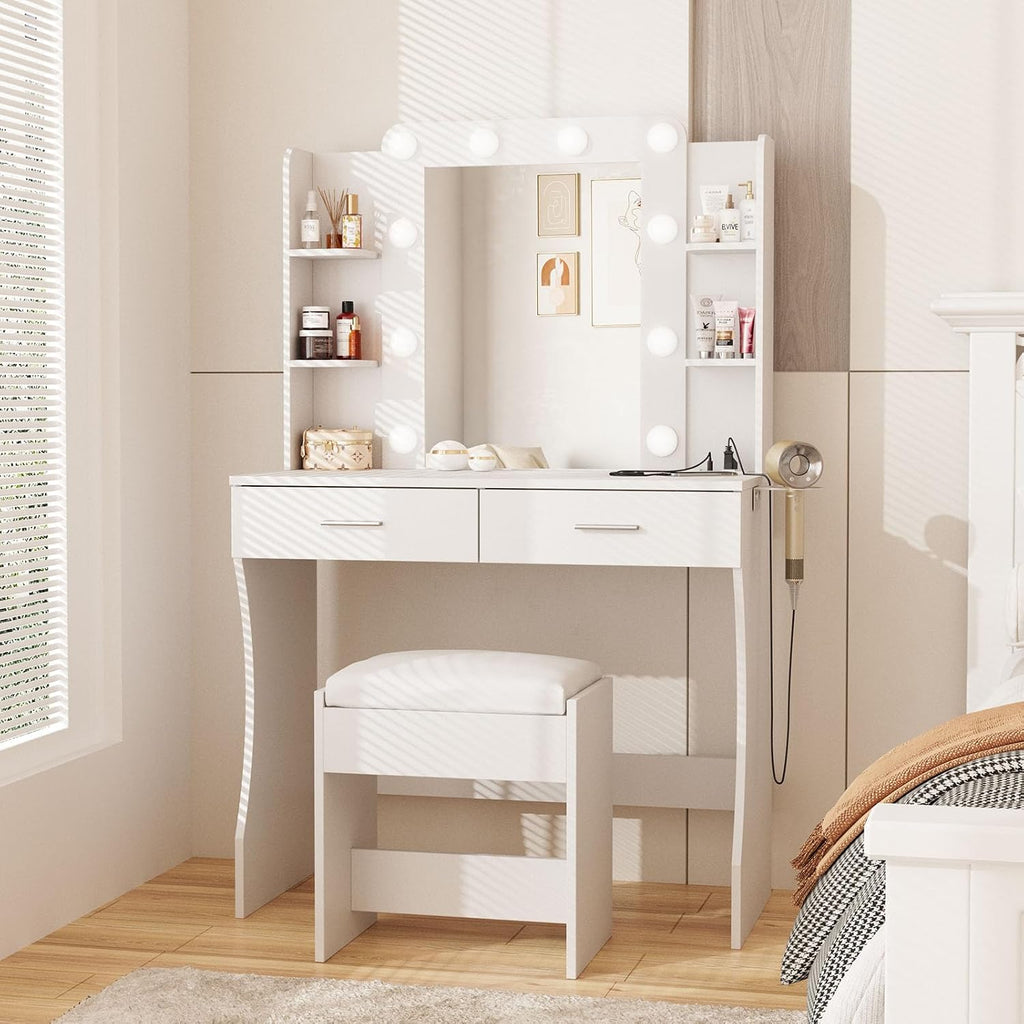 Vabches Vanity Desk with Mirror and Lights,Makeup Vanity Table with Charging Station,Vanity Set with 2 Drawers & Lots Storage Space,3 Lighting Modes Adjustable Brightness,White