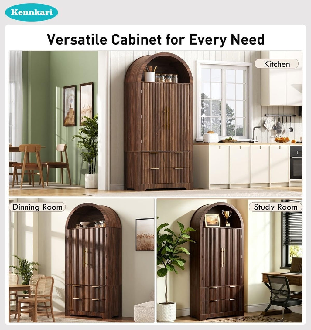 Tall Arched Kitchen Pantry Cabinet with Drawers, Mid Century Modern Fluted Storage Cupboard, Freestanding Wooden Hutch, Adjustable Shelves, Door Shelves for Dining Room Organization (Walnut)