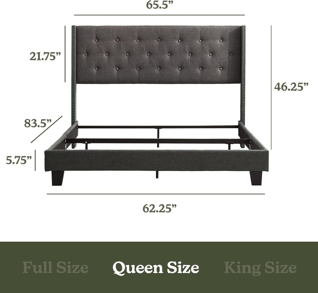 Hearth & Harbor Queen Bed Frame with Headboard Wingback – Linen Platform Bed Frame Queen Size, Button-Tufted Upholstered Bed Frame Queen, Modern Bedframe, Box Spring Required, Grey