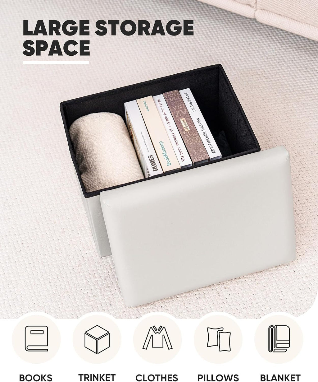B FSOBEIIALEO Folding Storage Ottoman, 16.5" Faux Leather Ottomans, White | Small Ottoman with Storage Bench, Rectangle Foot Rest Chest Seat, for Living Room, Bedroom, Home Office, Dorm