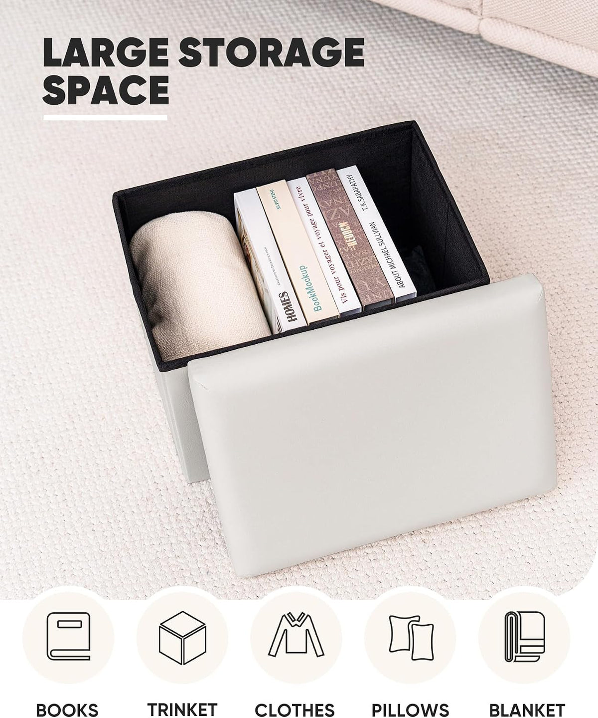 B FSOBEIIALEO Folding Storage Ottoman, 16.5" Faux Leather Ottomans, White | Small Ottoman with Storage Bench, Rectangle Foot Rest Chest Seat, for Living Room, Bedroom, Home Office, Dorm