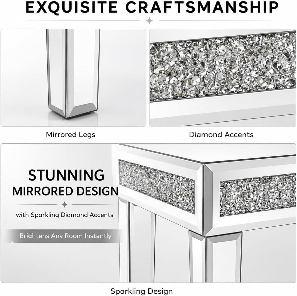 Vanity Stool with Storage – Mirrored Legs, Velvet Cushioned Ottoman, Hidden Compartment, Sparkling Diamond Trim, Glam Makeup Chair & Piano Bench - Silver & Pink
