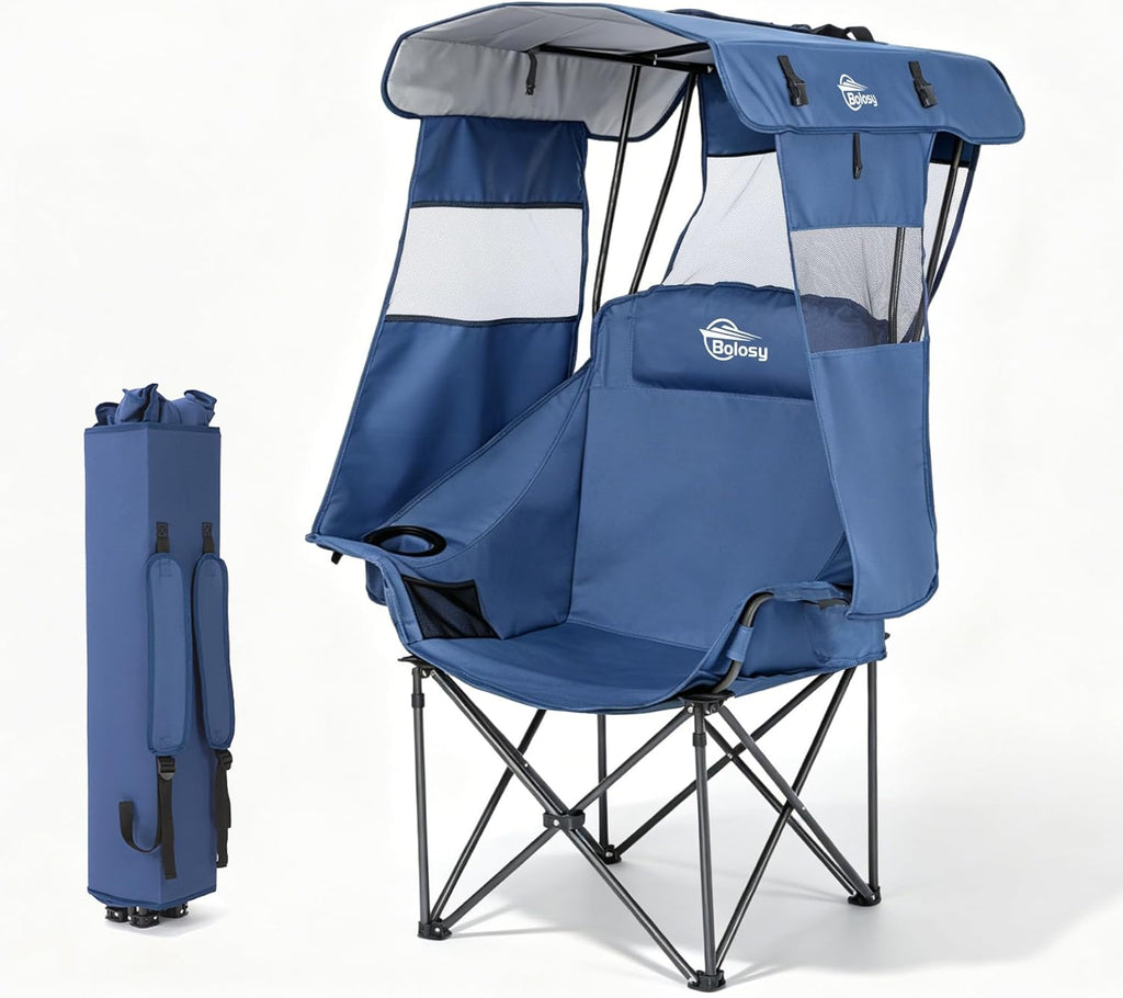Bolosy Oversized Camping Chair with Canopy Beach Chair with Sun Shade | Folding Lawn Chair with Shade, Portable Canopy Chair for Camping, Beach, Picnics, Fishing, Sports, Support 400lbs, Blue