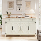 Farmhouse Buffet Cabinet with Drawers, 55" Large Sideboard Kitchen Buffet Storage Cabinet with 3 Adjustable Shelves and Doors Heightened Table Wood Coffee Bar for Kitchen Living Room, Off-White