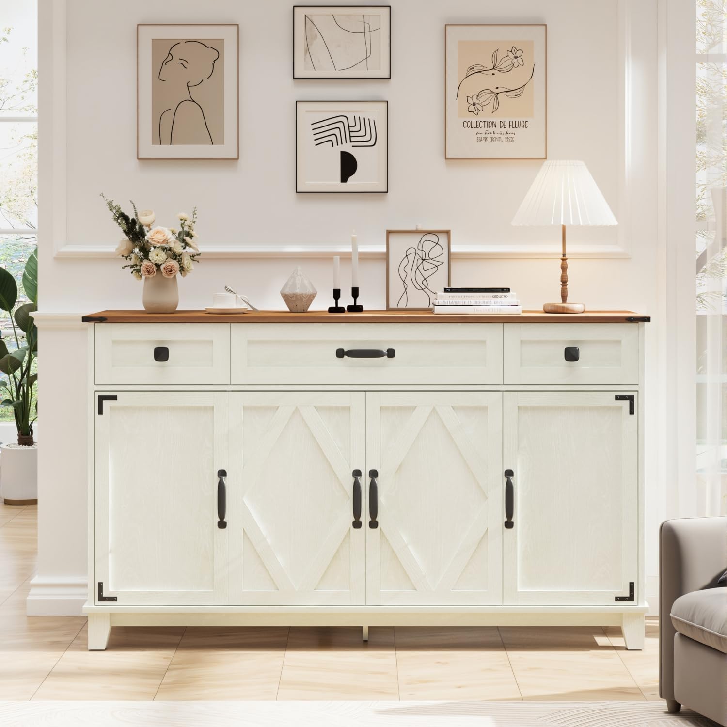 Farmhouse Buffet Cabinet with Drawers, 55" Large Sideboard Kitchen Buffet Storage Cabinet with 3 Adjustable Shelves and Doors Heightened Table Wood Coffee Bar for Kitchen Living Room, Off-White