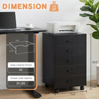 SweetGO 5 Drawer Storage Cabinet, Under Desk Organizer with Printer Stand Wood Filing cabinets for Home Office, Apartments (Black)