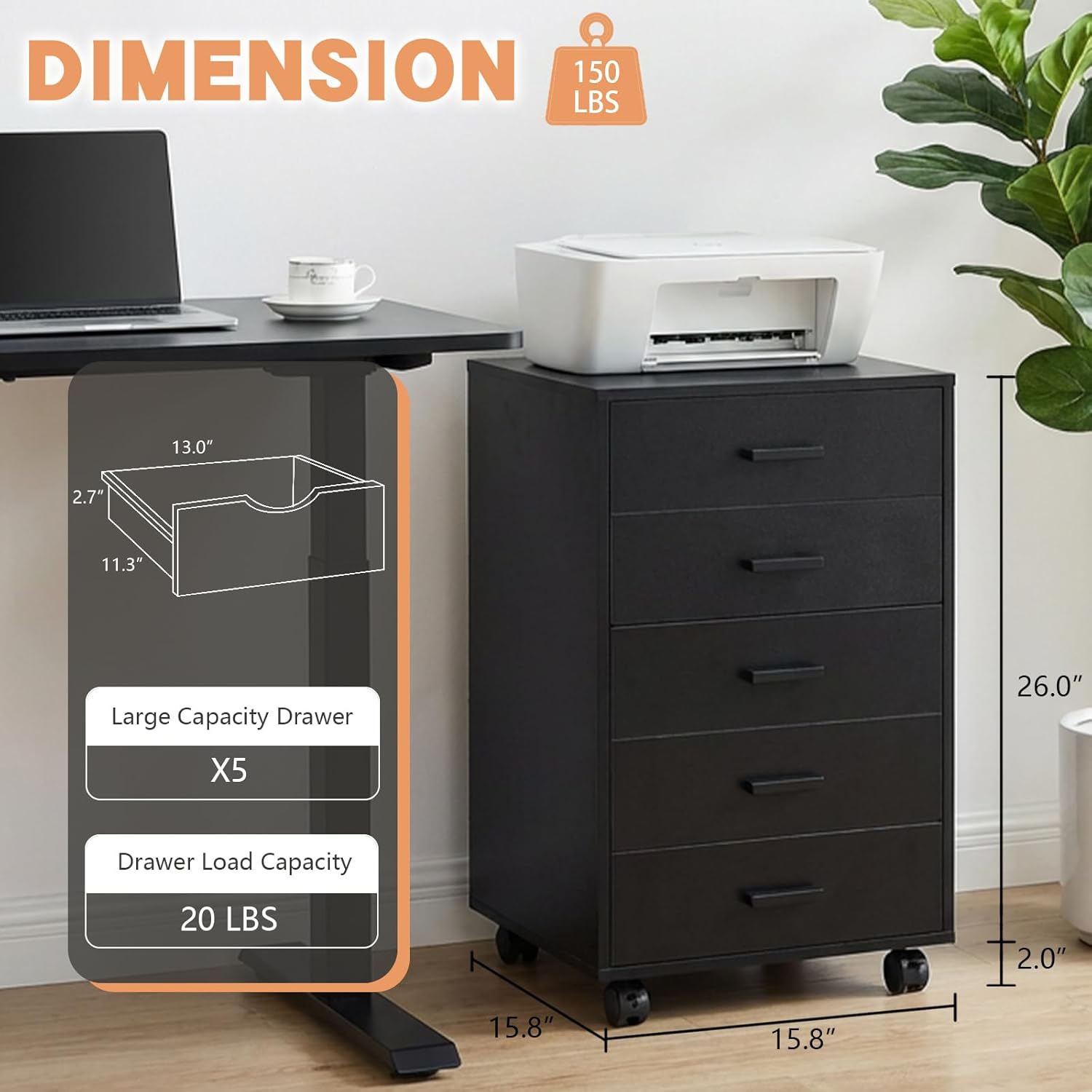 SweetGO 5 Drawer Storage Cabinet, Under Desk Organizer with Printer Stand Wood Filing cabinets for Home Office, Apartments (Black)
