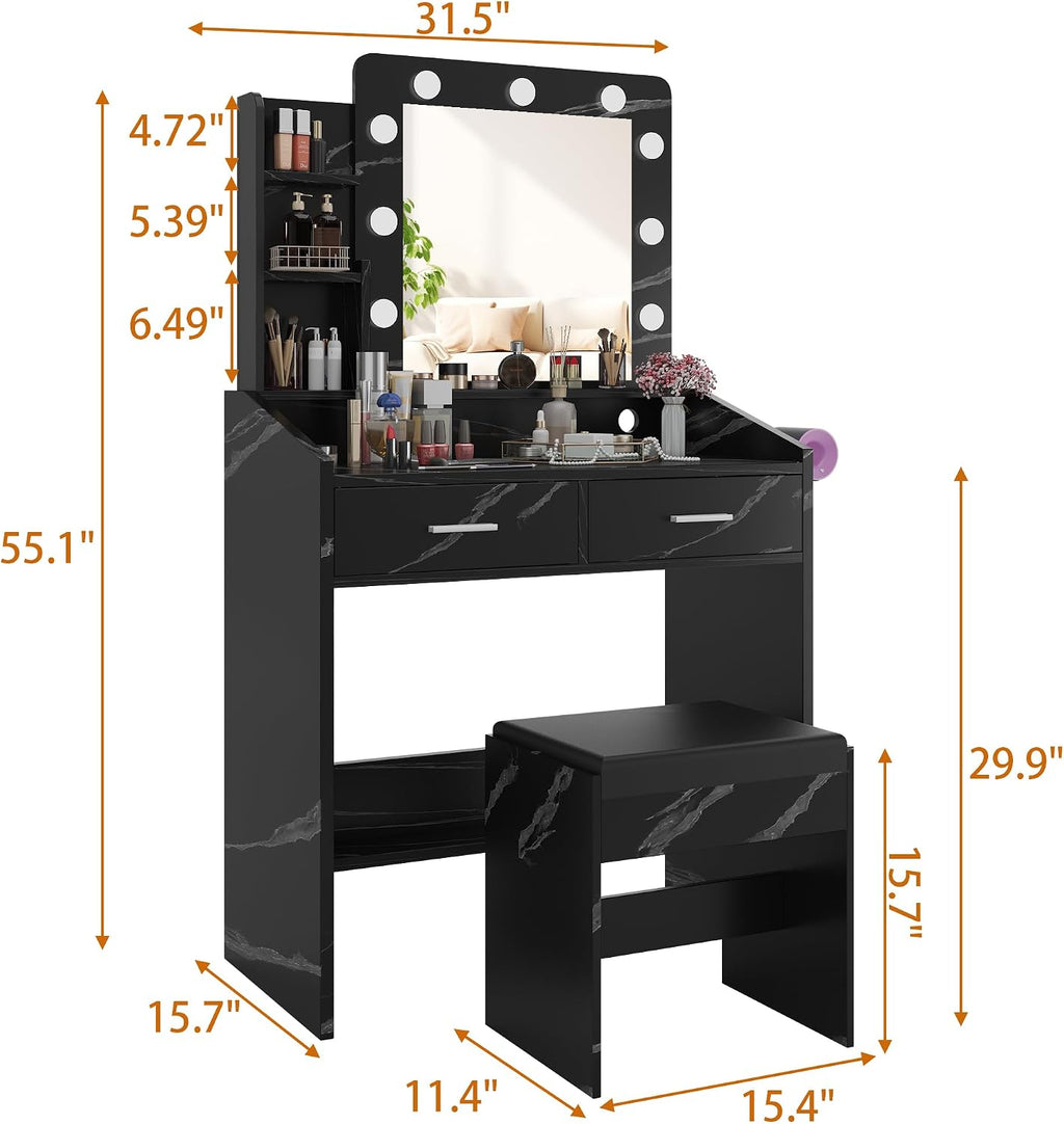 Patikuin Vanity Desk with Mirror and Lights for Bedroom, Marble Black Modern Makeup Table with 2 Drawers, 3 Light Modes & Dimmable LED, Includes Stool