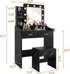 Patikuin Vanity Desk with Mirror and Lights for Bedroom, Marble Black Modern Makeup Table with 2 Drawers, 3 Light Modes & Dimmable LED, Includes Stool