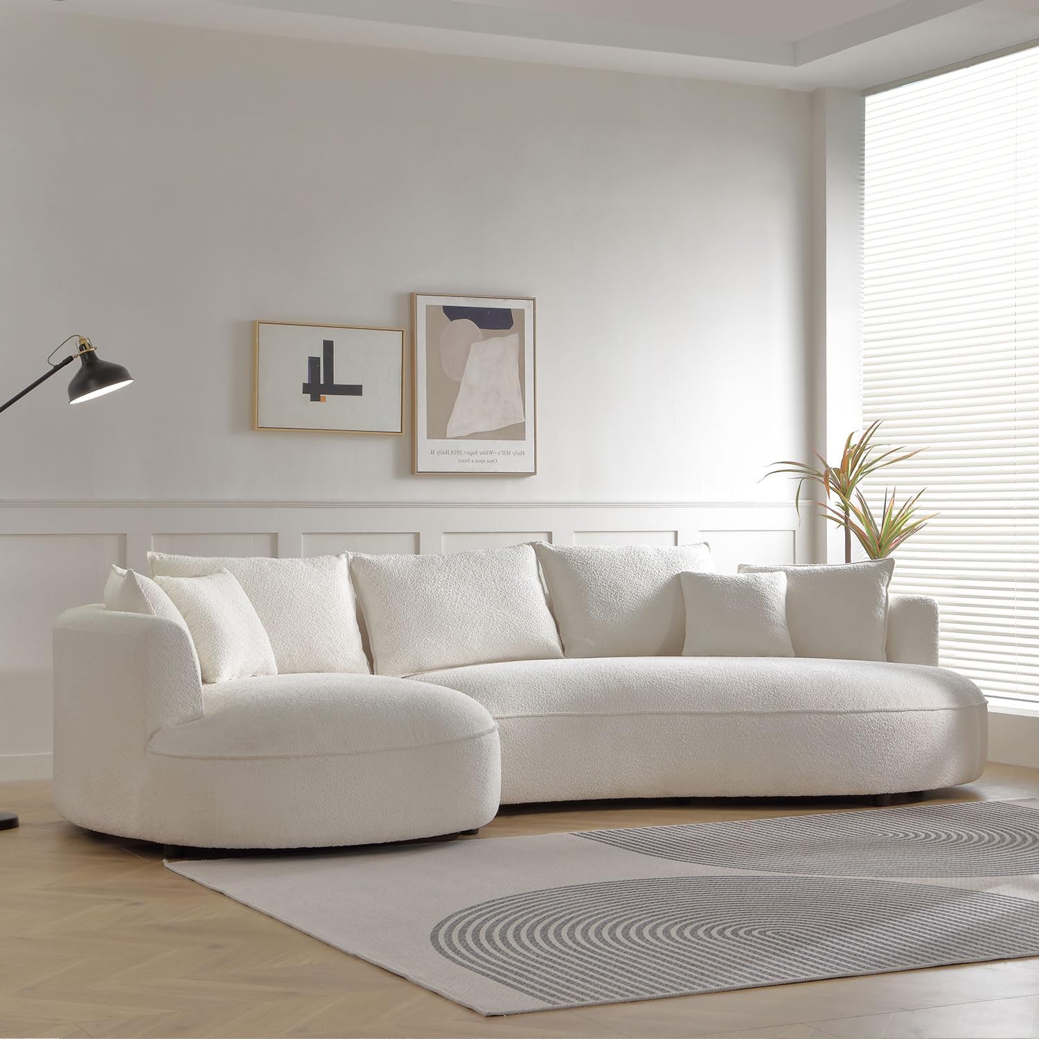 WILLIAMSPACE 124.8" Boucle Curved Sofa Couch, Modern Upholstery Cloud Sofa with Pillows, Left Hand Facing Sectional Boucle Fabric Couch for Living Room (Left-Facing,Light Cream)