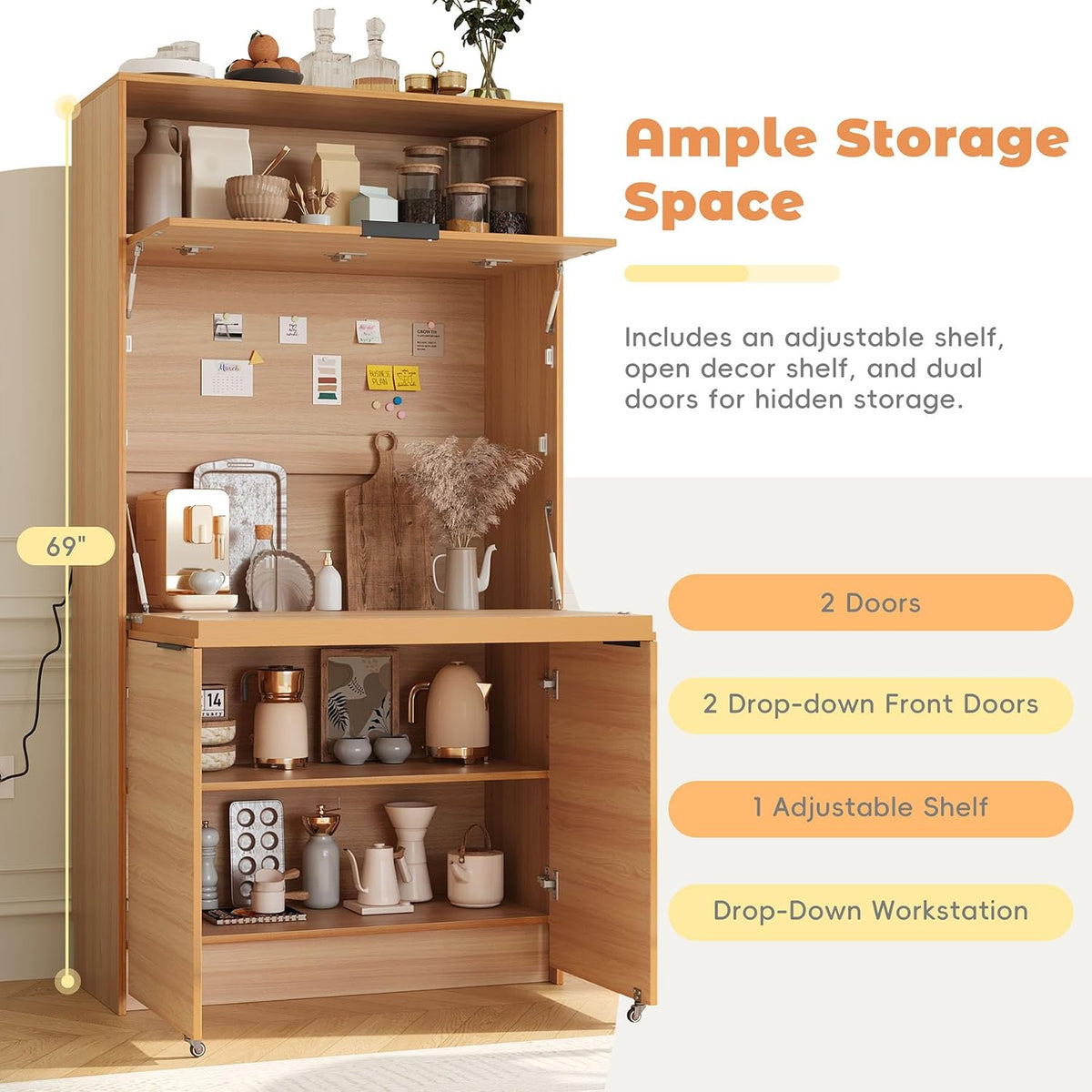 Farmhouse Pantry Cabinet with Foldable Workstation, 69" Tall Buffet with Hutch and Storage, Multifunctional Kitchen Cabinet with Adjustable Shelf and Power Outlet for Dining Room (Natural)