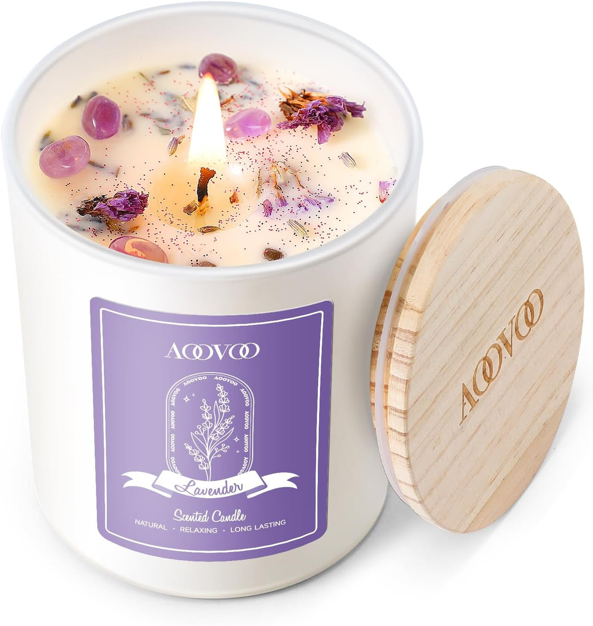 AOOVOO Lavender Scented Candles for Women - Aromatherapy Candle with Crystals Inside, 7oz Soy Candles for Home Scented, Birthday Gifts Mothers Day Candle for Women Mom