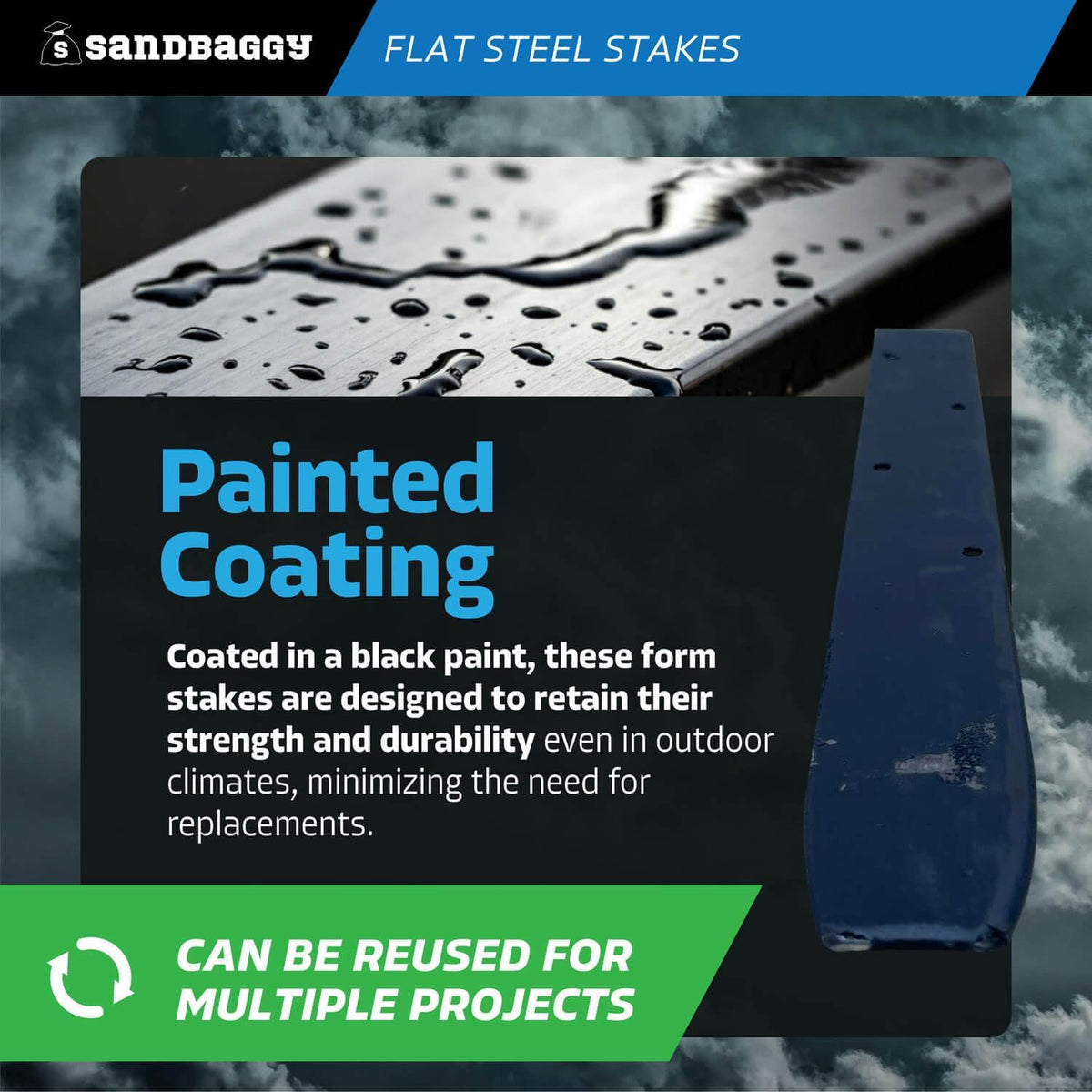 Sandbaggy Flat Steel Stakes for Concrete Forms with Nail Holes - 1.5" Wide - Painted - Removable, Reusable, V Point End - Construction Grade Stakes (200, 12 inch)
