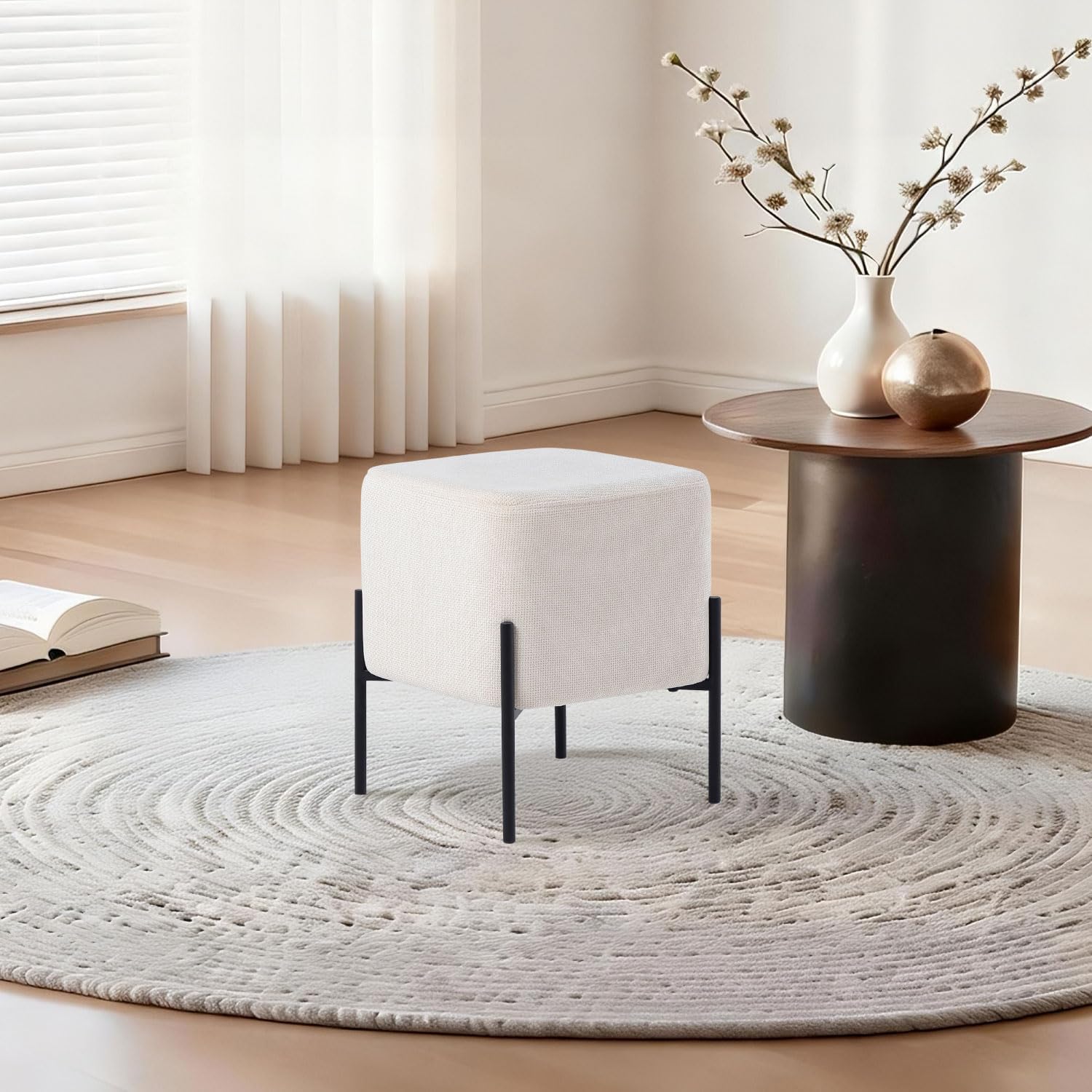Get Set Modern Linen Ottoman Stool Vanity Stool Foot Rest Stool, Square Small Vanity Chair for Makeup Room, Footrest Stool with Metal Legs, Side Table Ottoman for Living Room, Bedroom, Walk-in Closet