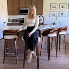 Swivel Bar Stools, 30 inch Mid Century Modern Bar Stools with Low Back | Solid Bentwood Frame, Walnut Finish, Wooden Legs, Faux Leather Upholstered Seat, Bar Chairs for Bar, Cafe, Pub, Restaurant