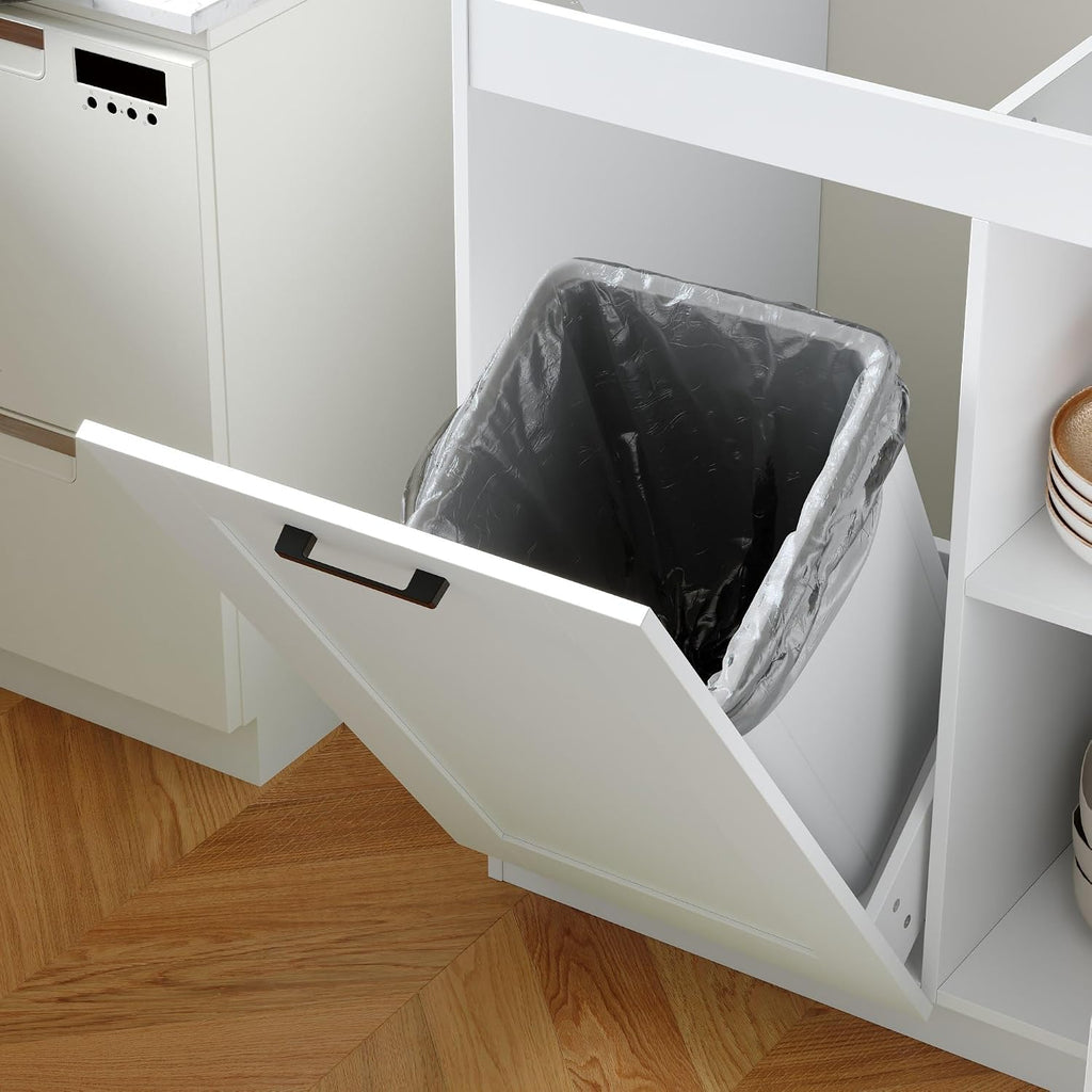 Timechee White Modern Kitchen Pantry Storage Cabinet with Wall Cupboard Set, Wall Pantry Cupboard with Tilt Out Trash Can Cabinet, Storage Shelves, Kitchen Buffet Sideboard Set for Dining Room