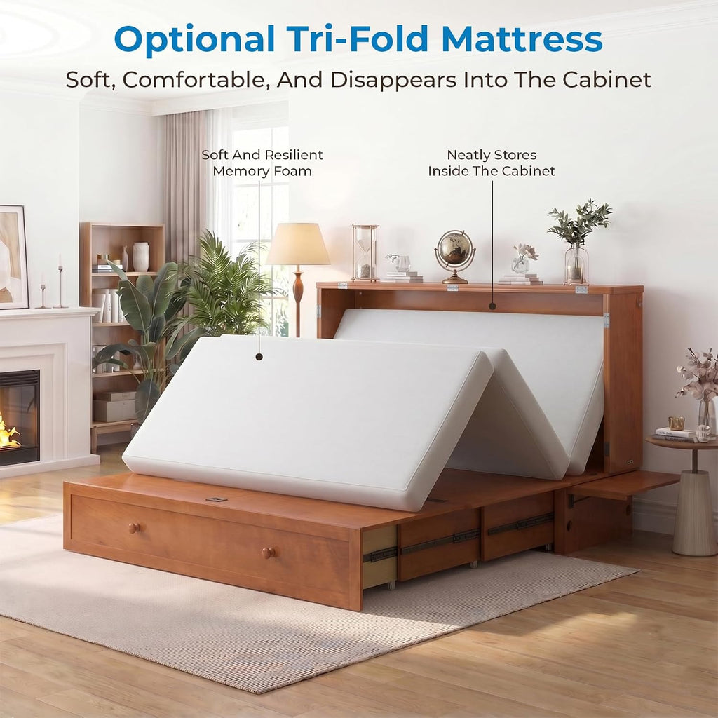 Mjkone Murphy Bed Queen with Mattress Included, Cabinet Murphy Bed with USB Charging Station & Storage Drawer, Mobile Cube Murphy Cabinet Chest Bed for Living Room Bedroom Apartment, Cherry