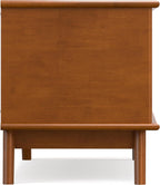 SIMPLIHOME Draper Storage Bench - 44 inch Wide Solid Wood Entryway Bench in Teak Brown, Mid Century Hallway Bench for Living Room with Flip-Down Door and 3 Cubbies