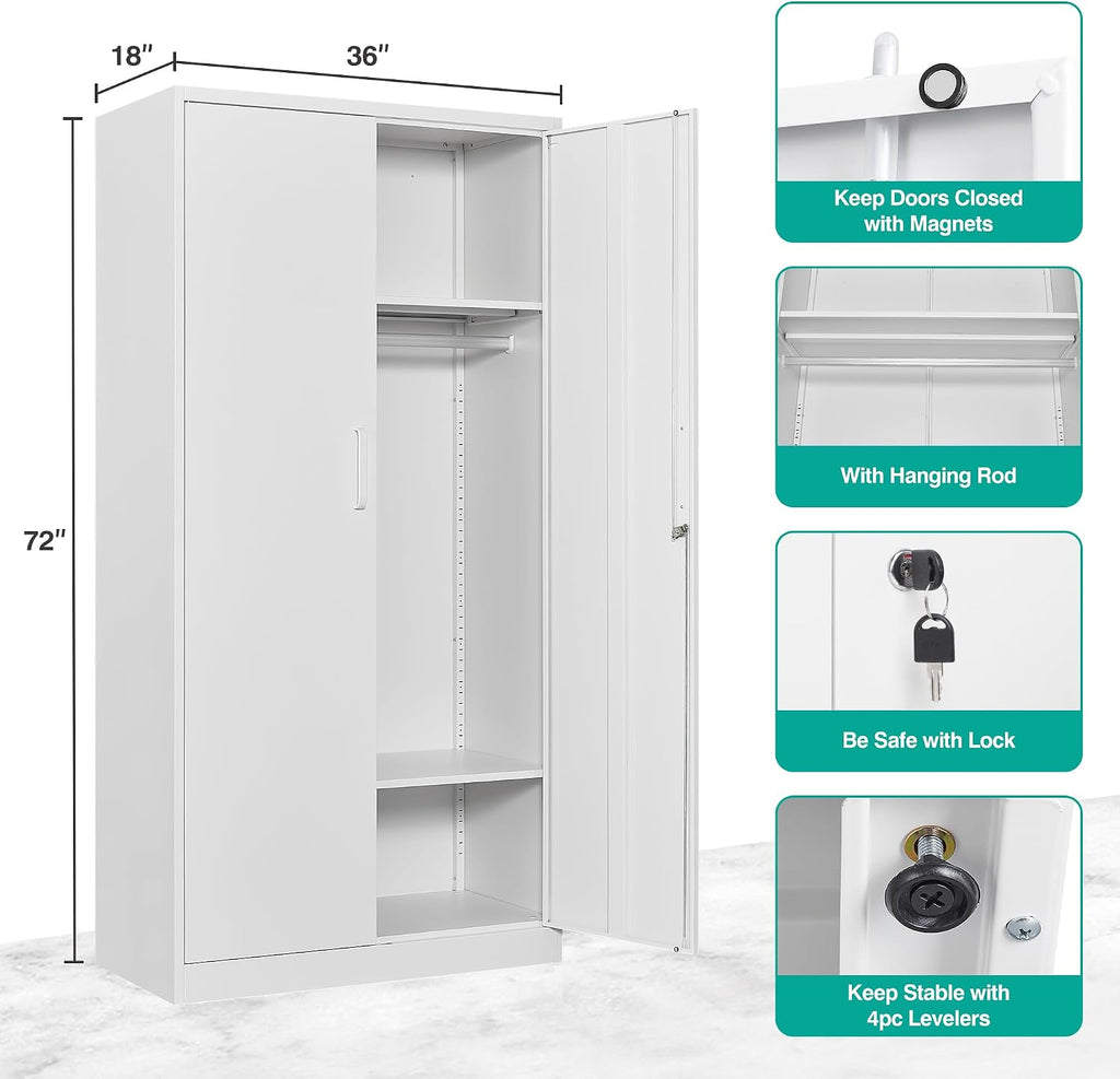Metal Wardrobe Cabinet with Hanging Rod & Lock,White Armoire Wardrobe Closet,Metal Clothing Storage Cabinet with Adjustable Shelves and Doors,72" Armoire Storage Cabinets for Home,Living/Laundry Room