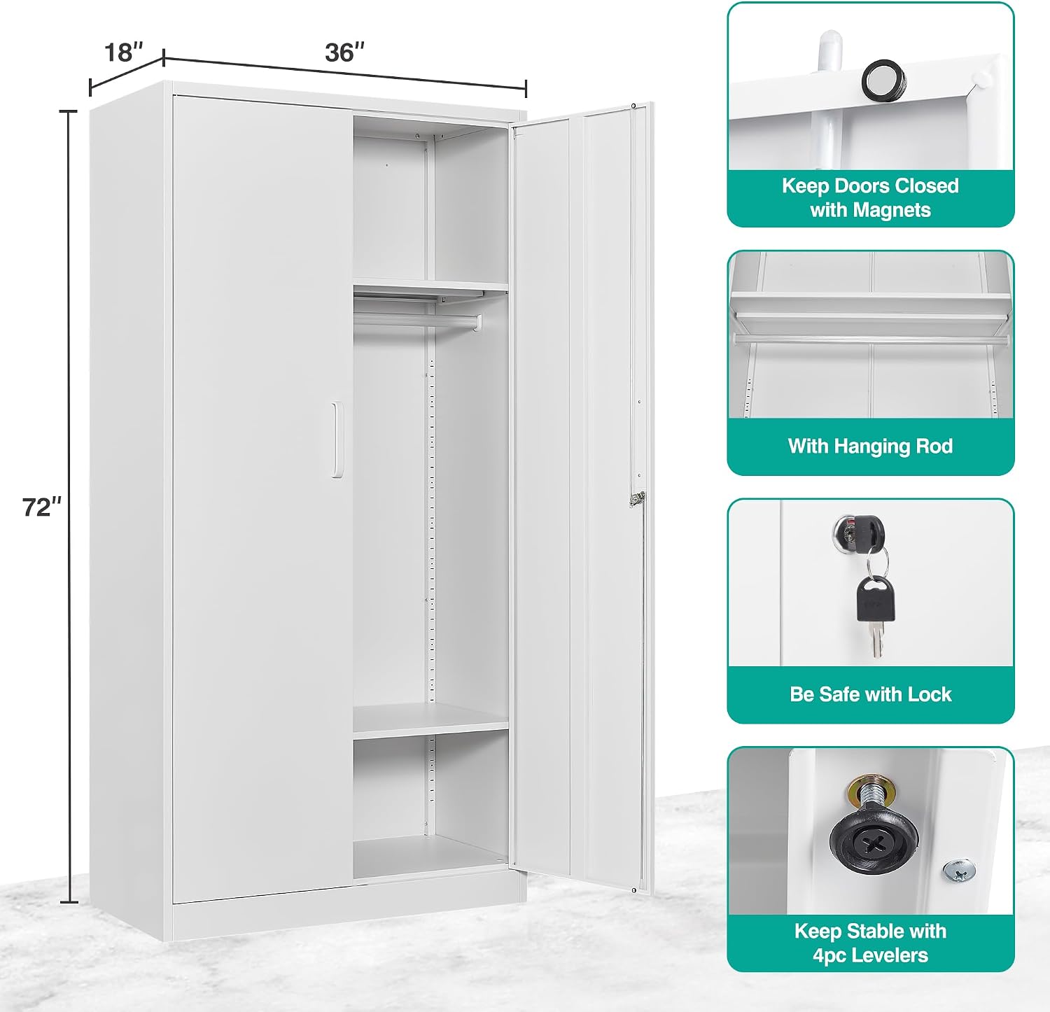 Metal Wardrobe Cabinet with Hanging Rod & Lock,White Armoire Wardrobe Closet,Metal Clothing Storage Cabinet with Adjustable Shelves and Doors,72" Armoire Storage Cabinets for Home,Living/Laundry Room