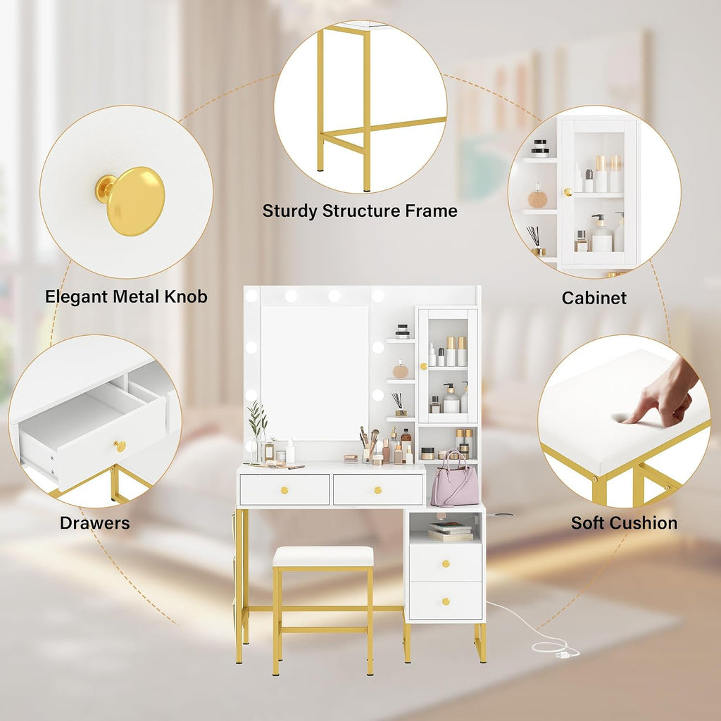 YIKEHOME Makeup Vanity Desk with Mirror Lights | LED Lights Power Outlet Vanity Table Set Large Drawers Charging Station Bedroom Dressing Room White