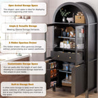 71" Tall Arched Pantry Cabinet with Glass Doors, Fluted Kitchen Storage Cabinet with Adjustable Shelves & Hidden Drawer, Freestanding Display Cabinet for Kitchen, Black