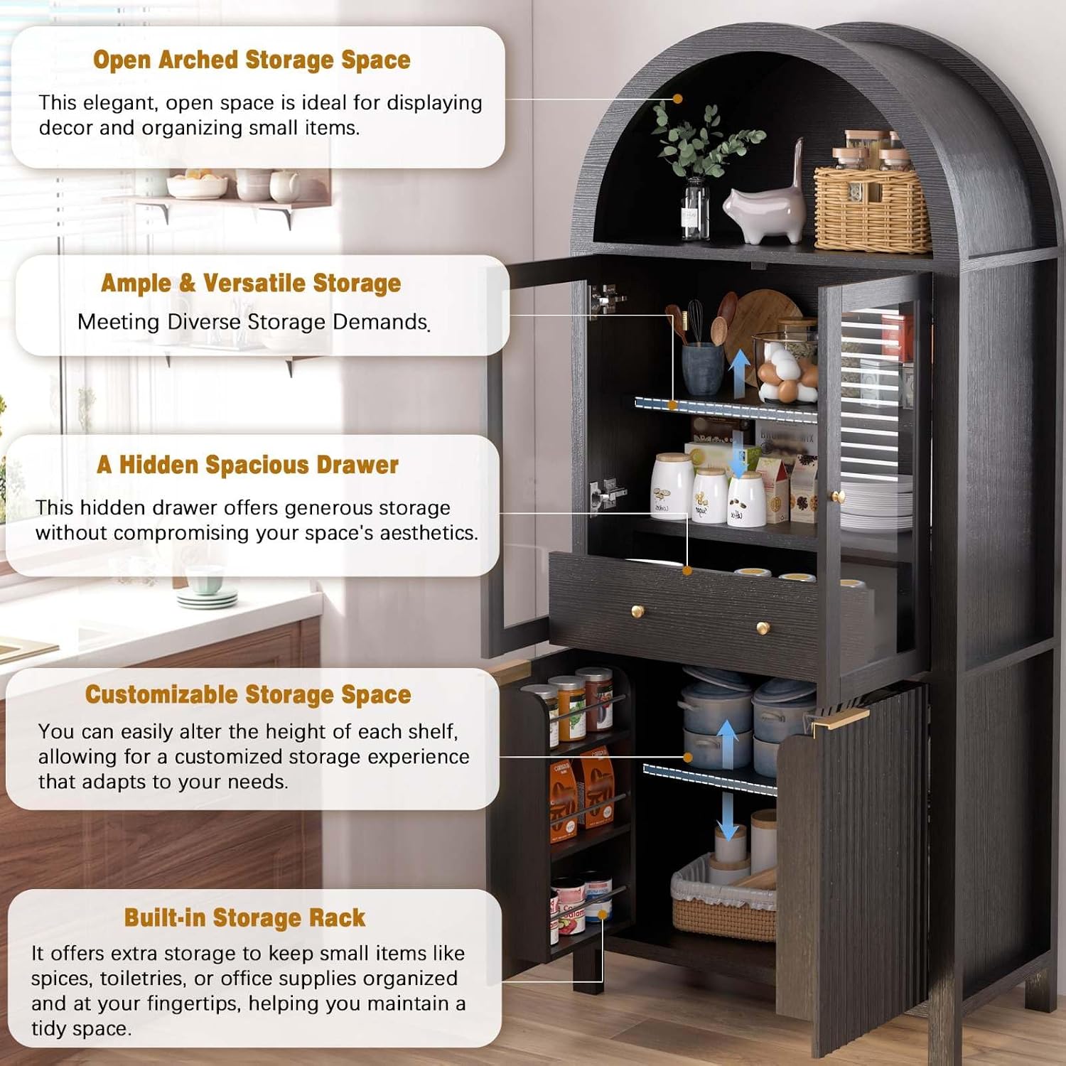 71" Tall Arched Pantry Cabinet with Glass Doors, Fluted Kitchen Storage Cabinet with Adjustable Shelves & Hidden Drawer, Freestanding Display Cabinet for Kitchen, Black
