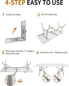 8ft Folding Table, Heavy Duty White Large Portable Foldable Table | Plastic 8 foot folding table seats 8. Rectangular with carrying handle. Indoor outdoor camping, picnic, party and banquet