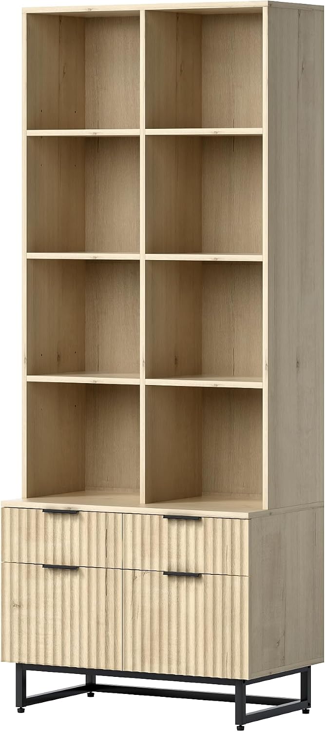71" Tall Fluted Kitchen Pantry, Mid Century Modern Storage Cabinet with Drawers and Adjustable Shelves 6 Tier Display Bookshelf Cupboard for Dining Room Living Room Home Office, Light Oak