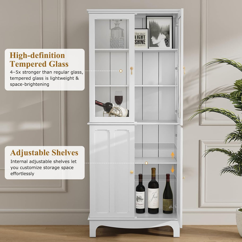 ARTPOWER 72" China Cabinet, Freestanding Kitchen Pantry with Tempered Glass Doors, Tall Sideboard Buffet Hutch with Adjustable Shelves for Dining Room, Living Room, White