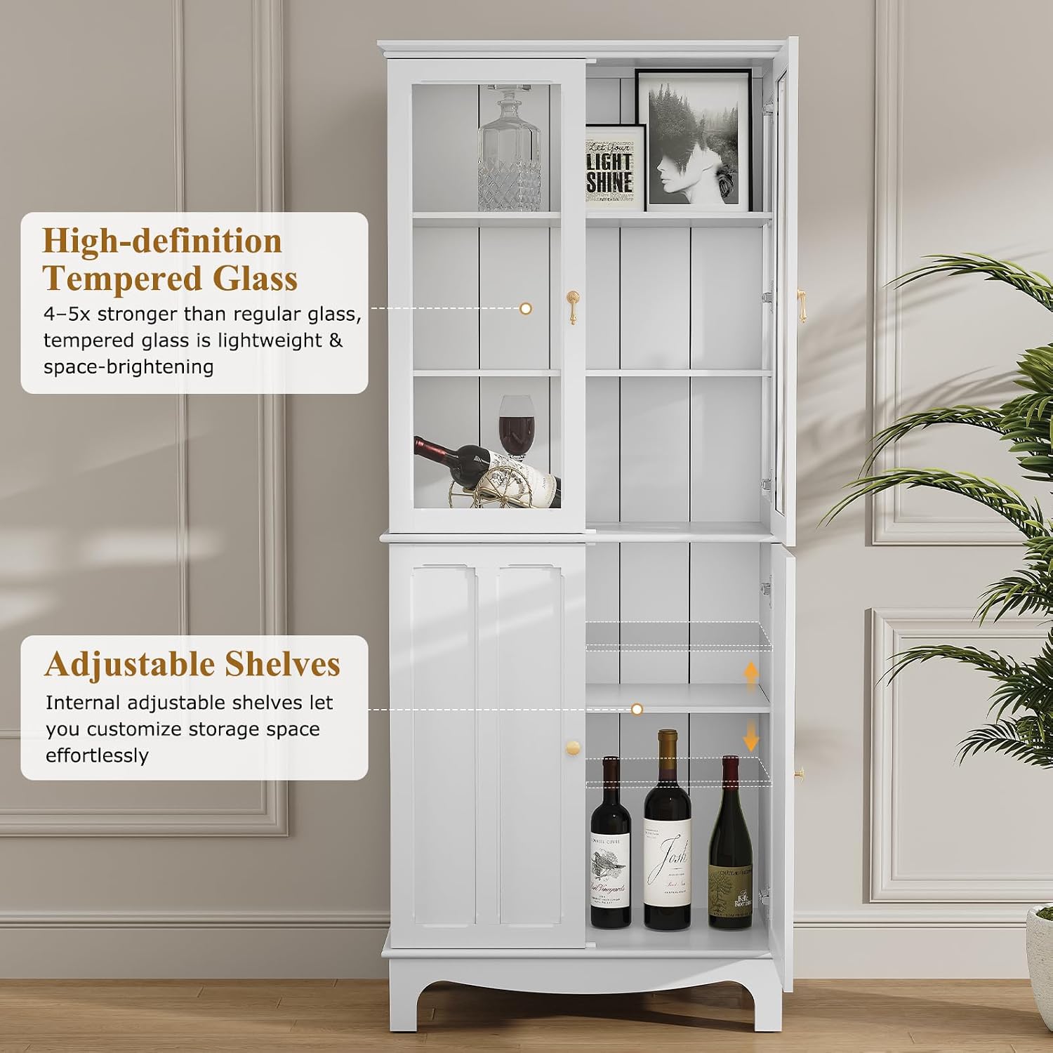 ARTPOWER 72" China Cabinet, Freestanding Kitchen Pantry with Tempered Glass Doors, Tall Sideboard Buffet Hutch with Adjustable Shelves for Dining Room, Living Room, White