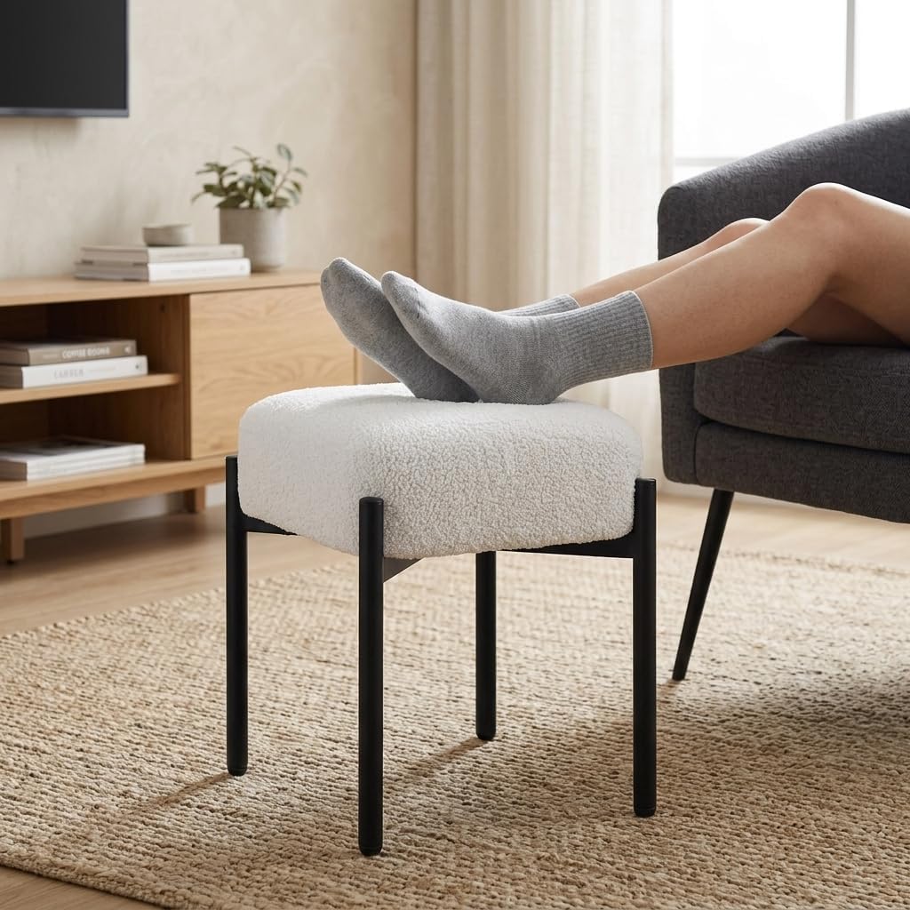 Vanity Stool Chair Faux Fur, 16.3" L x 12.8" W x 17.3" H Soft Ottoman, Makeup Chair Bench Furry Padded Seat with 4 Metal Legs, Footstool Multifunctional Chairs for Bedroom, Living Room, White