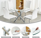 Modern Luxury Round Glass Dining Set for 4, 5 Pieces Clear Circle Glass Kitchen Table with Grey Faux Leather Chairs Set, 47'' Minimalist Circular Dinner Room Set, for Large Place (Silver)