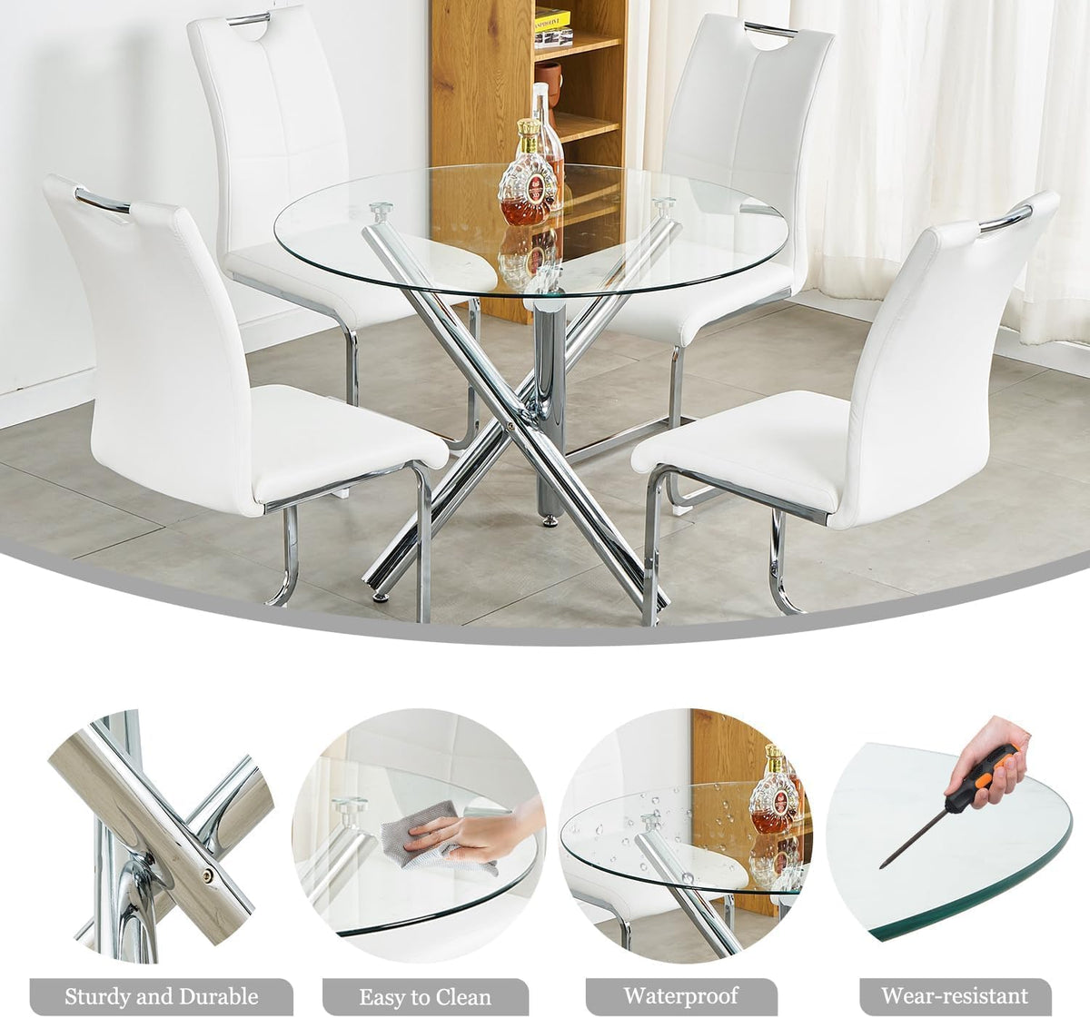 Modern Luxury Round Glass Dining Set for 4, 5 Pieces Clear Circle Glass Kitchen Table with Grey Faux Leather Chairs Set, 47'' Minimalist Circular Dinner Room Set, for Large Place (Silver)