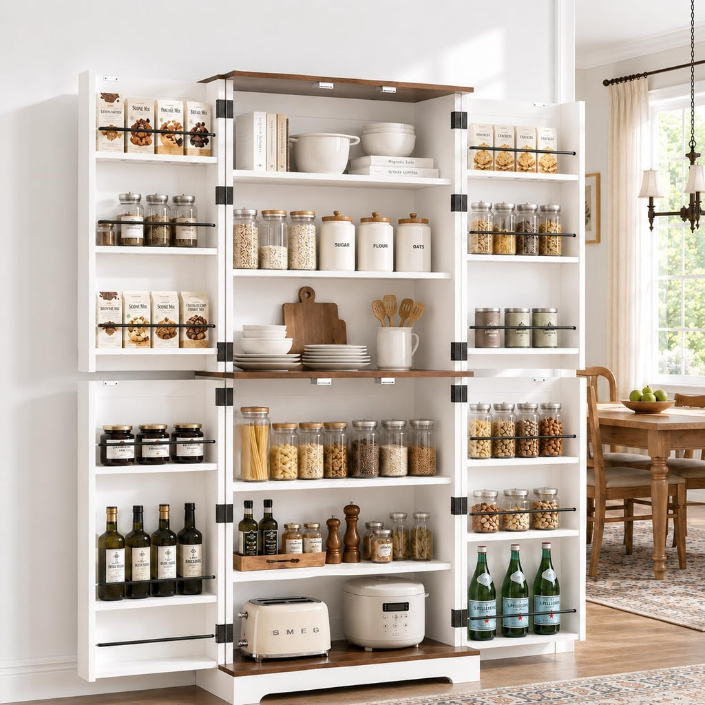 CypherX 75” Farmhouse Storage Cabinet, Large Kitchen Pantry Storage Cabinet with Adjustable Shelves and Barn Doors, Versatile Storage Cupboard for Dinning Room, Bathroom, Living Room, Antique White