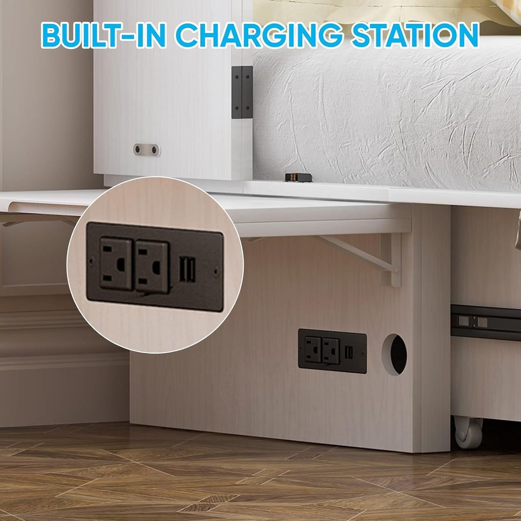Mjkone Murphy Cabinet Bed Queen Size, White(No Mattress) | Storage Drawers, USB Charging Station,Wall Hideaway Guest Chest Cabinet Bed for Living Room Bedroom Home Office