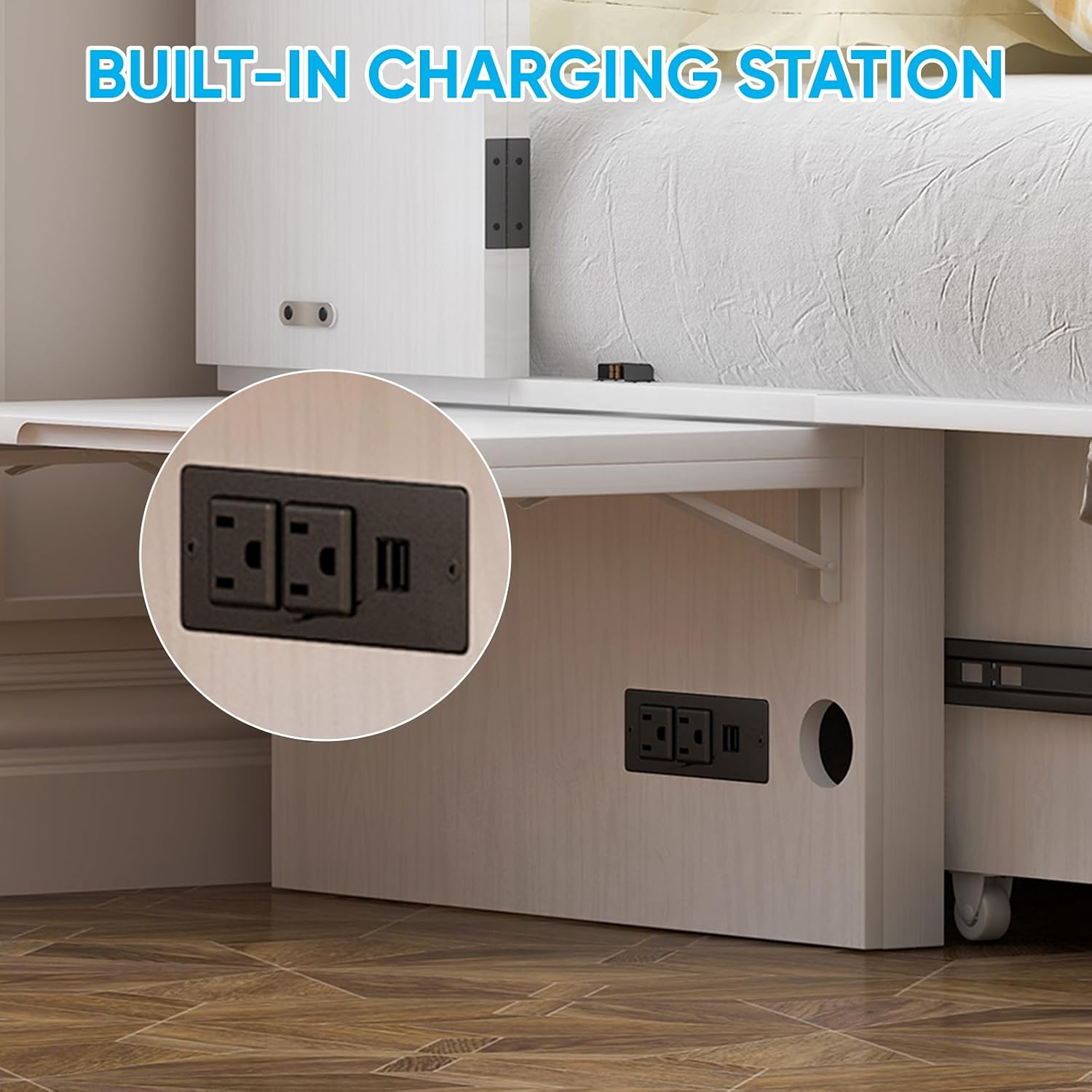 Mjkone Murphy Cabinet Bed Queen Size, White(No Mattress) | Storage Drawers, USB Charging Station,Wall Hideaway Guest Chest Cabinet Bed for Living Room Bedroom Home Office